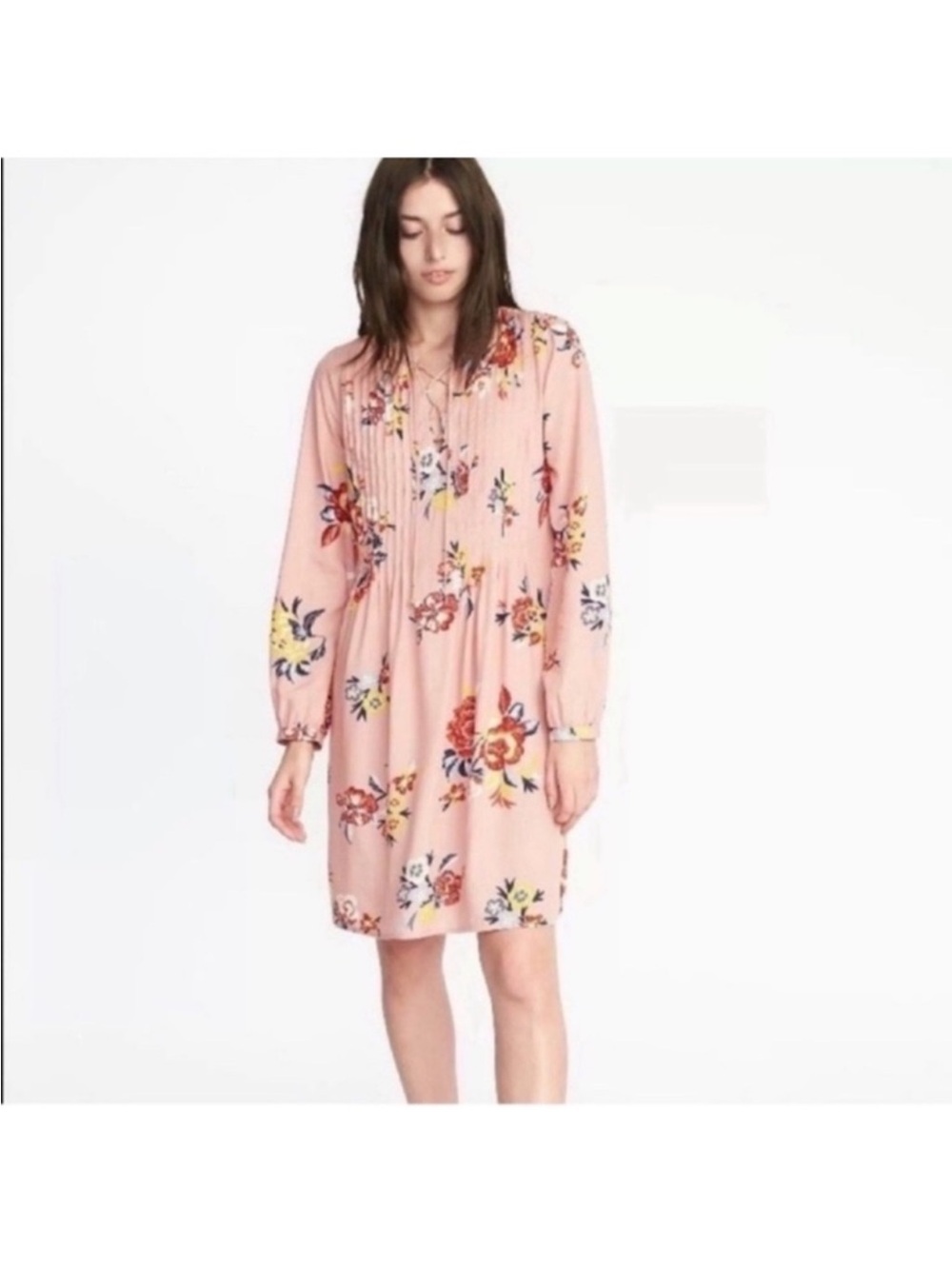 Old Navy Floral Boho Summer Mini Dress Sz XL Laced V-Neck Peach Pink Long Sleeve